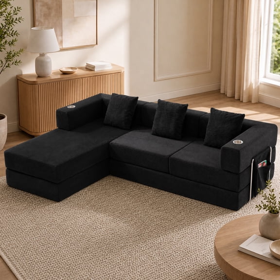 Leumius 108" Modular Sectional Sofa with L-Shape Chaise, Boneless Cloud Couch with Deep Seat for Living Room, Bedroom Black