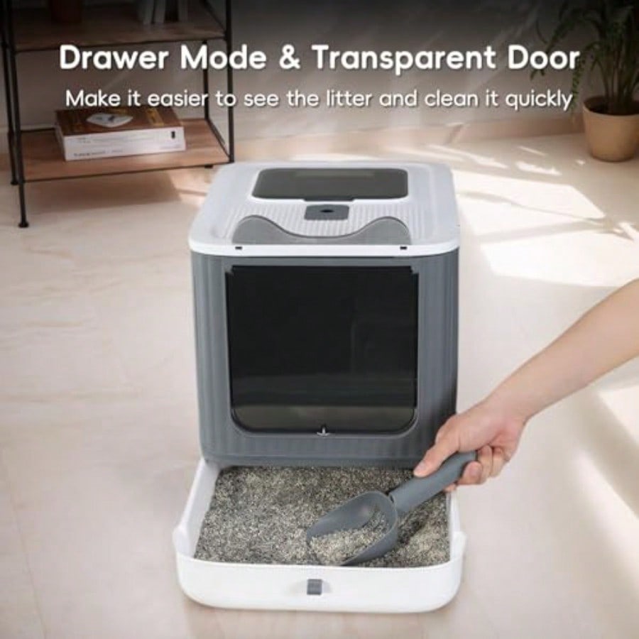 Foldable Cat Litter Box Fully Enclosed Litter Box with Lid Covered Kitty Kitten Litter Boxes Enclosure with Scoop Odor Control Easy to Clean 3 Modes for Cat up to 12 lbs WhiteGrey