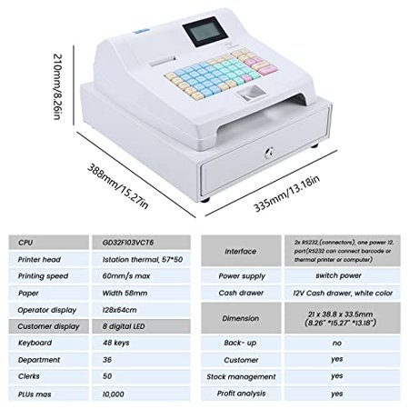 Cash Register - Electronic POS System with 4 Bill 5 Coin,Removable Tray and Thermal Printer,48-Keys 8-Digital LED Display Multifunction for Small Businesses, White A