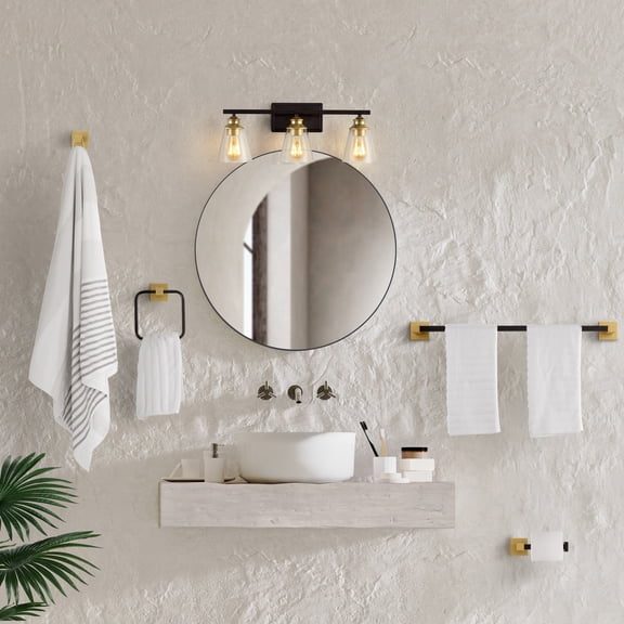 JONATHAN Y Arlo 22.88" 3-Light Vintage Classic Vanity Light with Bathroom Hardware Accessory Set, Oil Rubbed Bronze/Gold Painting (5-Piece)