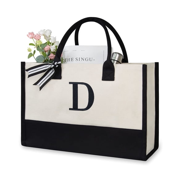 Bolsa de lona con diseño superior bordado con iniciales D, 43 x 30 x 20 cm
