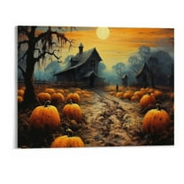 Creowell - Halloween Wall Art Pumpkin Decorations Vintage Haunted House Paintings Decor Wall Picture Moon Poster HD Canvas Print, Framed for Living Room Bedroom Bar,20x16inch