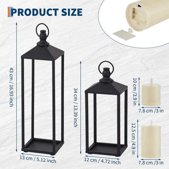 13" 17" Black Candle Lanterns, Metal Decorative Lanterns for Outdoor & Indoor with Flameless LED Candles, Halloween & Christmas Use Modern Patio Porch Garden Floor Decor