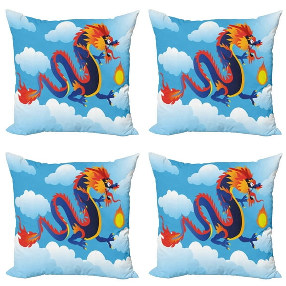 Ambesonne Dragon Throw Pillow Cover 4 Pack, Surreal Folk Tale Art, 20", Sky Blue Orange Indigo