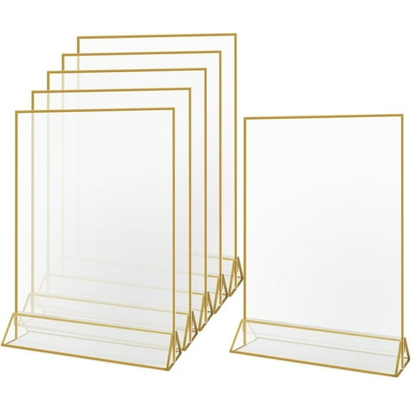 Menu Holders 6Pack 8.5 x 11 Acrylic Sign Holder with Gold Frames and Vertical Stand,Double Sided Picture,Display Wedding Table Numbers Holder