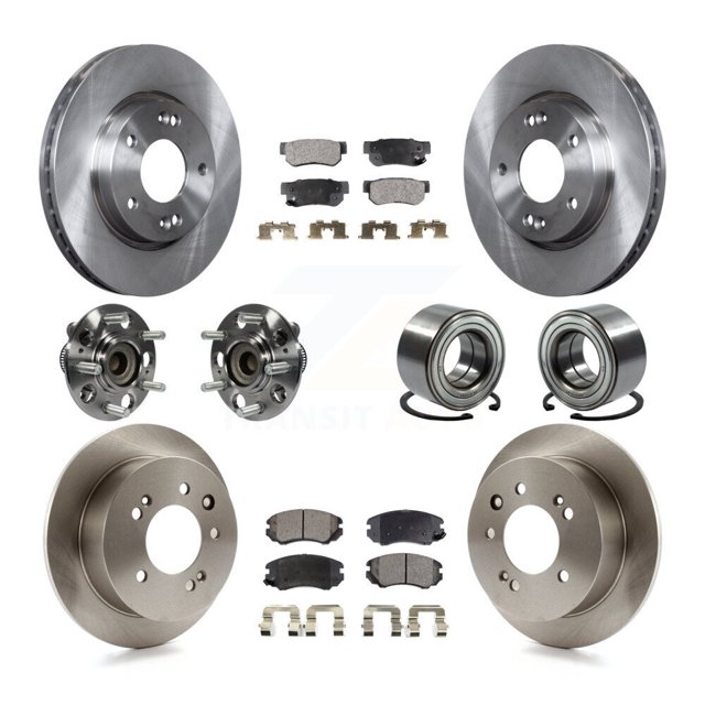 Transit Auto Front Rear Wheel Hub Bearings Assembly Disc Brake Rotors and Semi-Metallic Pads Kit (10Pc) for Car Hyundai Elantra - Left Right Side (Driver Passenger) KBB-106322