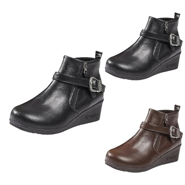 Women's Buckle Side Zipper Ankle Boots Chunky Platform Comfort Flat Sole Retro Leather Booties Equestrian Ready Footwear Fall Spring Riding Essential Black