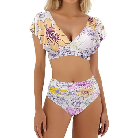 Women s High Waisted Bikini Sets 2 Piece Swimsuit Ruffle Tropical Print Push Up Bathing Suit For Women Swim Suits White XL