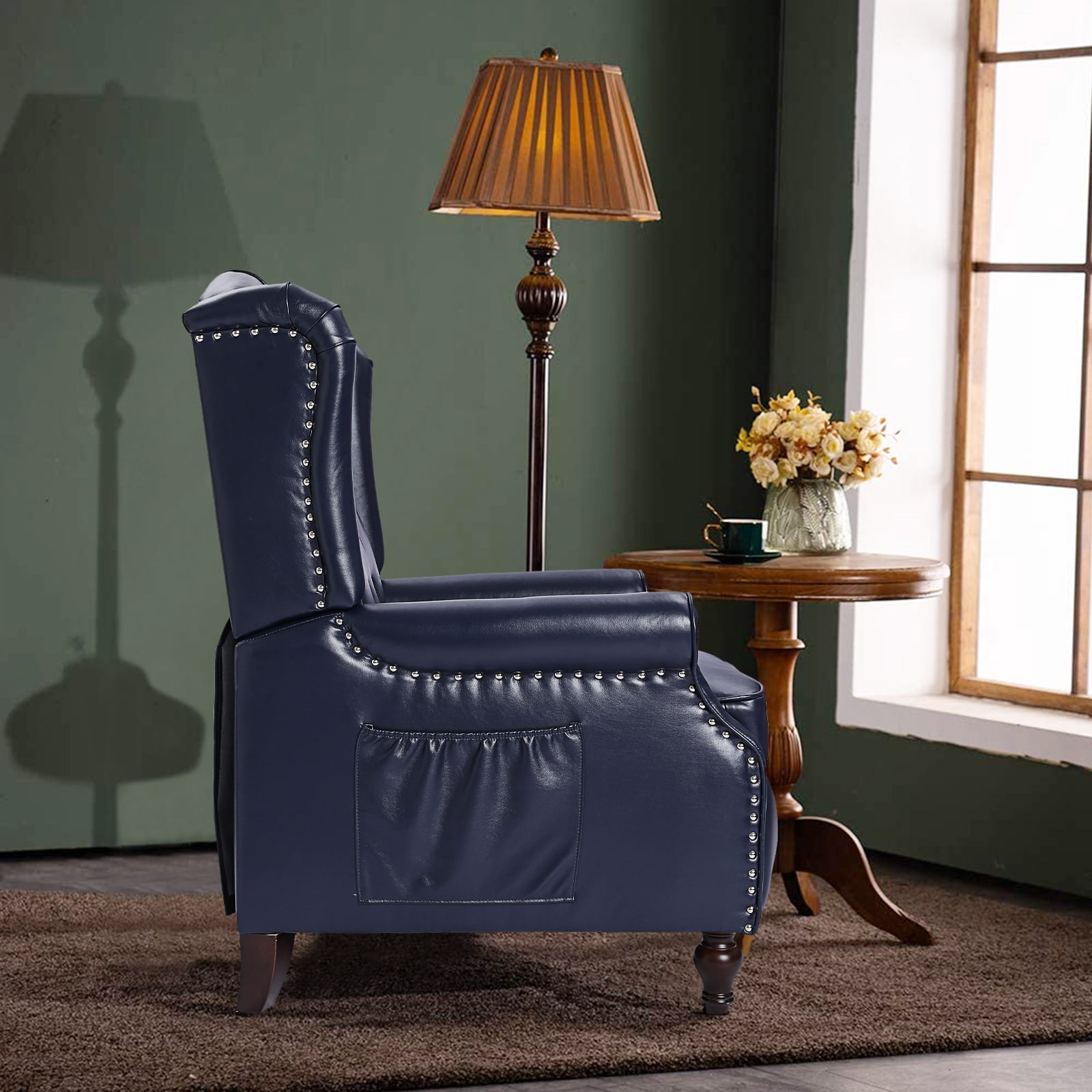 Recliner Wingback Chair - PU Leather Arm Heat Push Back Massage Remote Control Heat Backrest Blue Purple