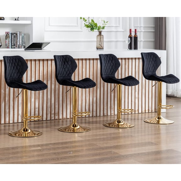 EALSON Velvet Bar Stools Set of 4 Counter Height Barstools with Back Swivel Bar Chairs with Gold Base Modern Adjustable Kitchen Island Stools for Home Bar/Dining Room, Black