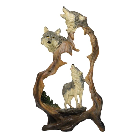 Large Rustic Howling Wolf Bust With Wolf Pack Family In Forest Scene Figurine
