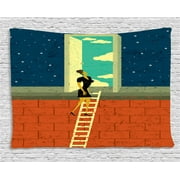 Retro Tapestry, Young Woman Climbing the Ladder Day in the Night Surreal Artwork with Distressed Look, Wall Hanging for Bedroom Living Room Dorm Decor, 80W X 60L Inches, Multicolor, by Ambesonne