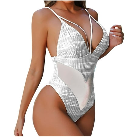 Xfvqtps Womens One Piece Swimsuit High Cut Mesh Sheer Deep V Neck Textured Adjustable Spaghetti Shoulder Tummy Control Solid Color Beach Summer Monokini Thong Bathing Suit White