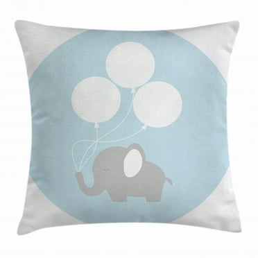 Elephant Nursery Decor Throw Pillow Cushion Cover, Little Baby Elephant with Big Balloons Happy Funny Icon, Decorative Square Accent Pillow Case, 16 X 16 Inches, Mauve Light Blue White, by Ambesonne