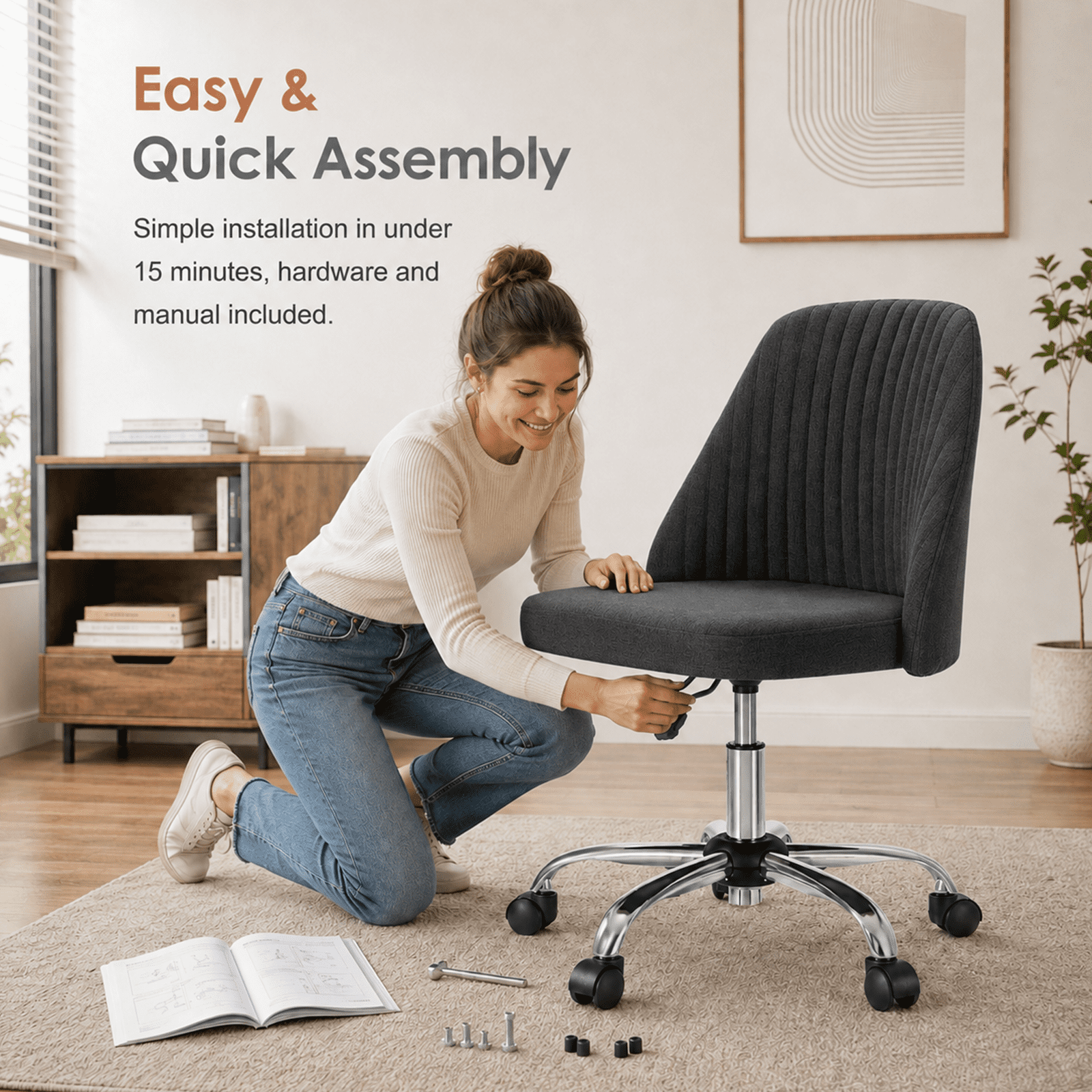 Alvantor Comfy Office Chair, Adjustable Swivel Desk Chair with Wheels, Wide Seating, Modern Fabric Vanity Chair