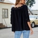 thumbnail image 5 of Tops de manga tres cuartos de color sólido recreativo con cuello de encaje y costuras de encaje con cuello cuadrado para mujer Fridja  zx1535, 5 of 9