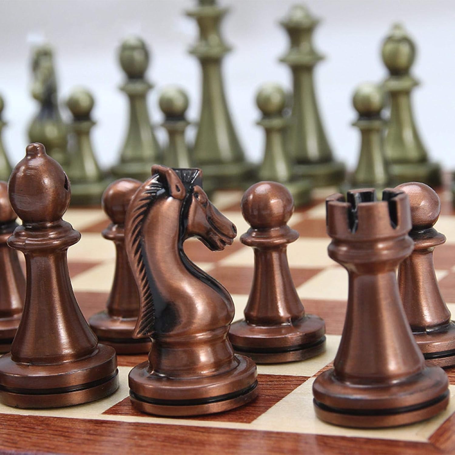 Chess Set, Large Metal Deluxe Retro Copper Plated Alloy Adult Set Board Game Portable Wooden Box Storage Folding -