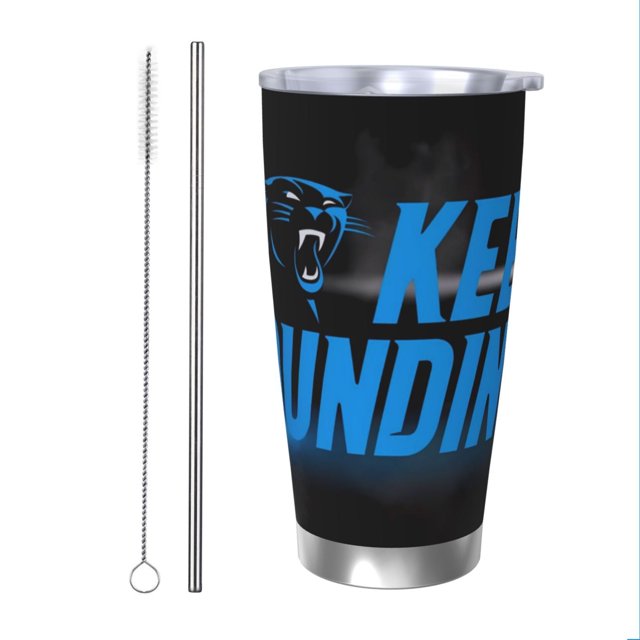Taza térmica duradera de acero inoxidable 304 con tapa y pajita con temática del equipo de fútbol Panthers Taza térmica de acero inoxidable de 20 oz Taza para automóvil Adecuada para bebidas frías y