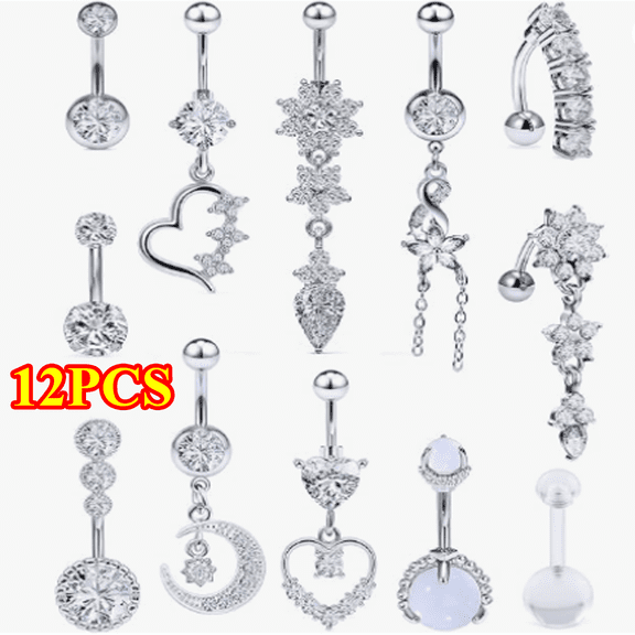 12 Pcs Belly Button Rings, Stainless Steel Cubic Zirconia Navel Piercing Jewelry, Body Jewelrys for Women