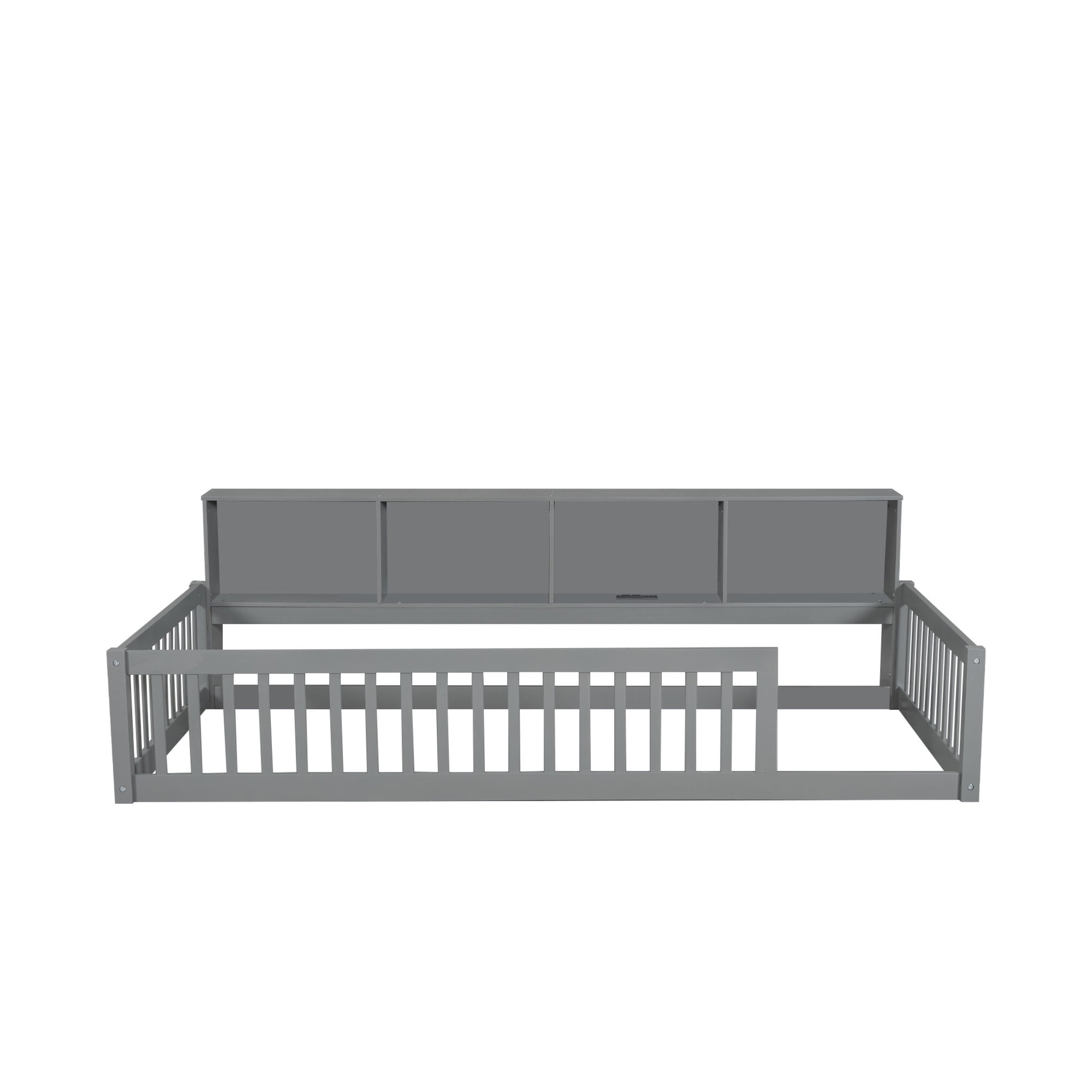 Noble House Twin XL Wood Floor Bed with Storage Cabinets and USB Charging Station, Space Saving Design, Gray