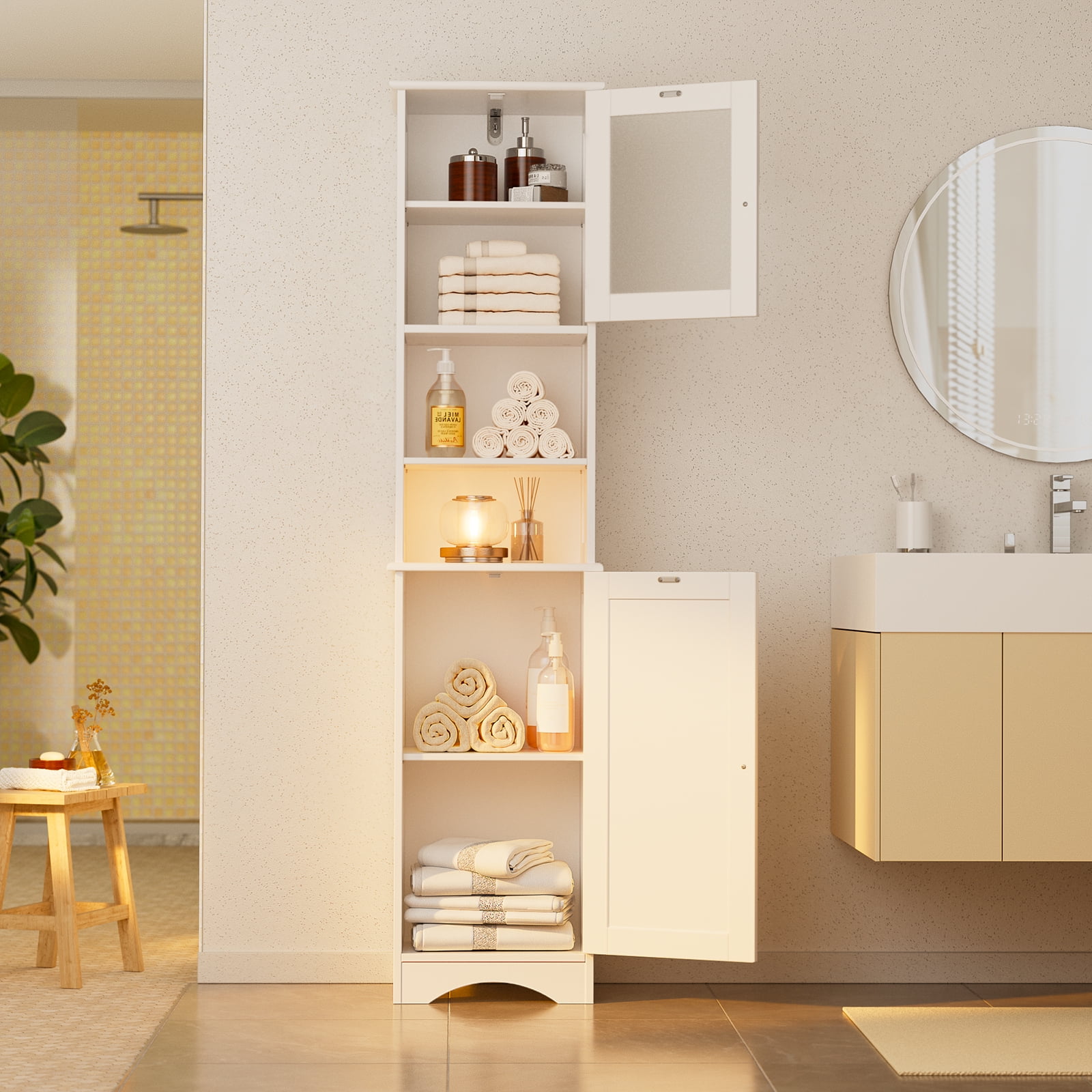 Asofer Bathroom Storage Cabinet，Narrow Tall Cabinet Storage Tower with Glass Door，Shelves and Open Storage，Living Room，Kitchen，Study，White