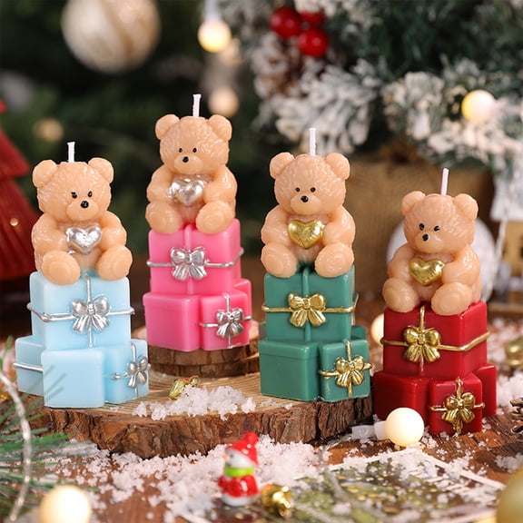 4PC Cute Bear Gift Box Scented Candle,Christmas Surprise Soy Wax Aroma Candle,Floral Smokeless Home Decor for Holiday Gifting,Tree Settings & Festive Photo Props