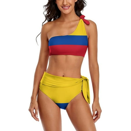 Flag of Colombia One Shoulder Bowknot Swimsuit Two Piece Swimsuit Knot Crop Top Bikini High Waisted Bathing Suit