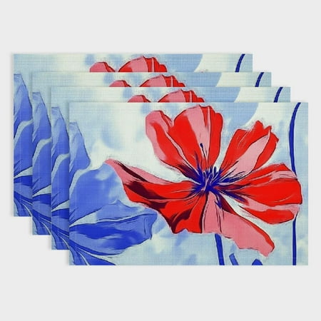 

Pratyus Red Flower Linen Cloth Table Placemats Set of 4 for Birthday Parties Christmas Restaurants and Buffets - Home Decoration 18x12in