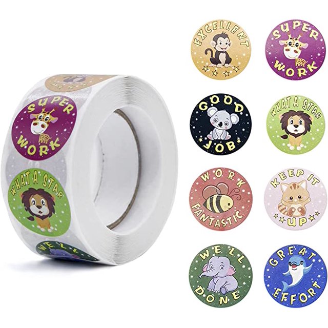 Rollos de pegatinas motivacionales de animales, 500 unidades con 8 patrones, pegatinas de recompensas de 1 pulgada para estudiantes/niños/bebés