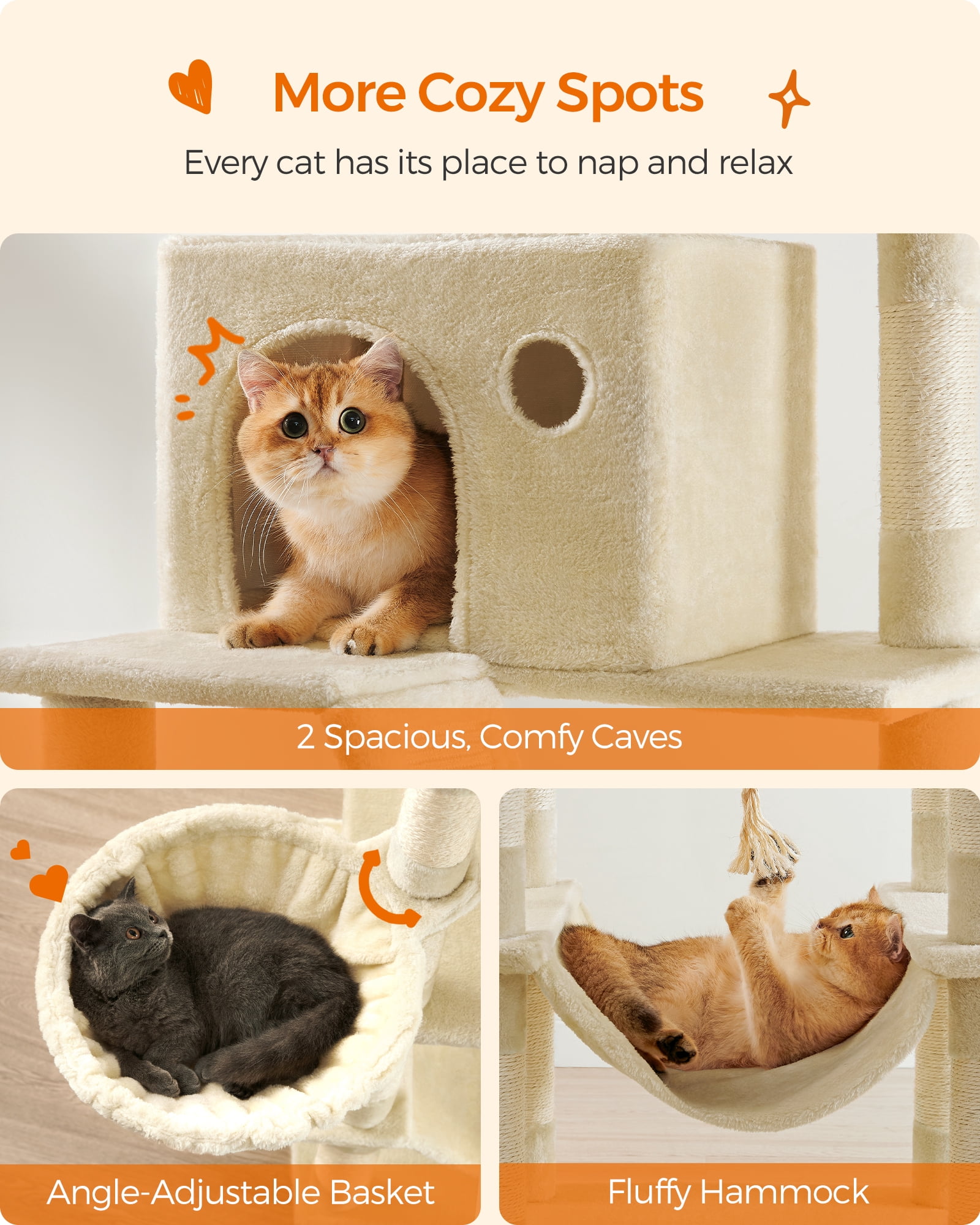 81.1"H Cat Tree Cat Tower for Indoor Cats, Plush Multi-Level Cat Condo with Scratching Posts, Perches, Caves, Hammock, Beige