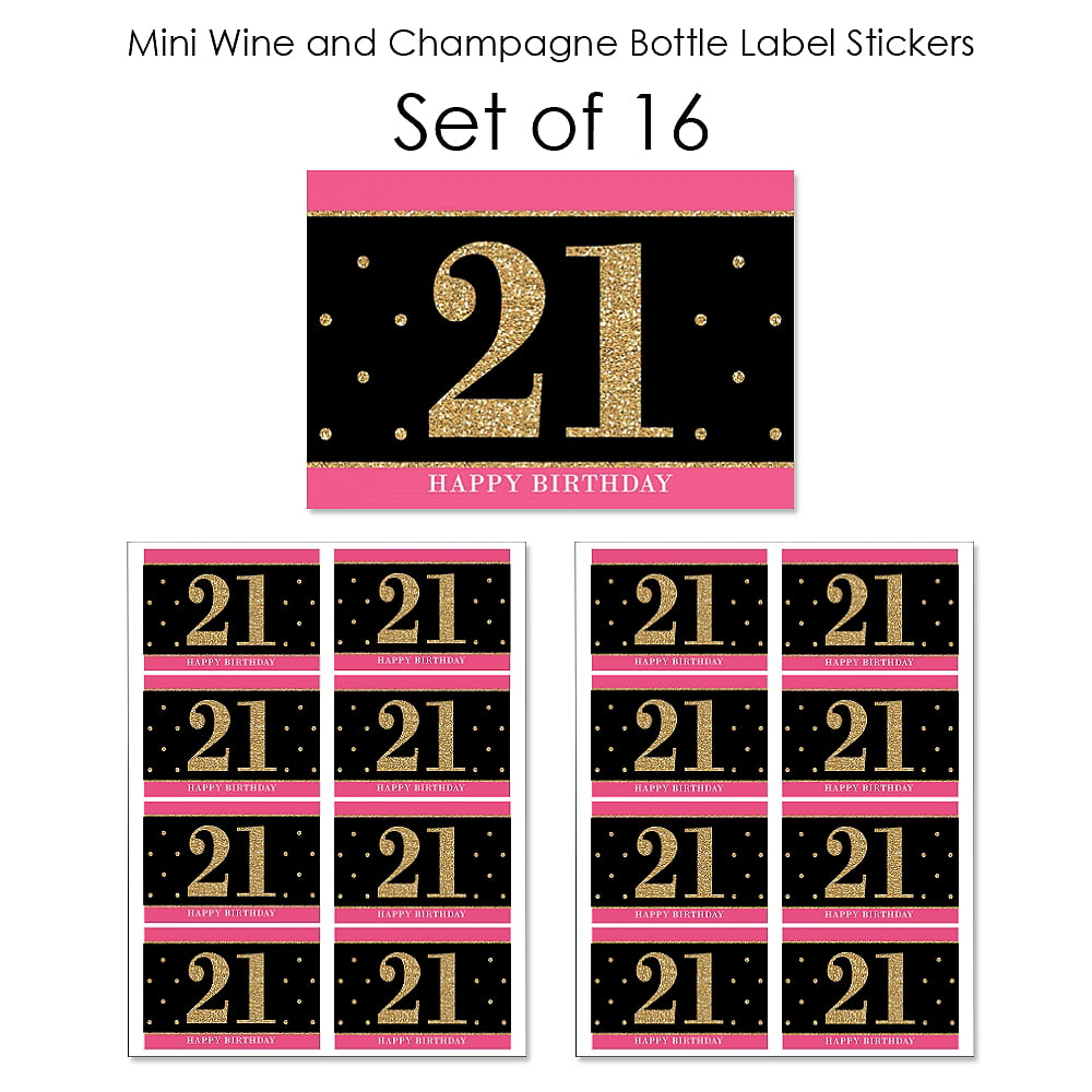 Black and Gold Pink Mini Wine and Champagne Bottle Label Stickers Chic Happy Birthday Birthday Party Favor Gift for Women and Men Set of 16