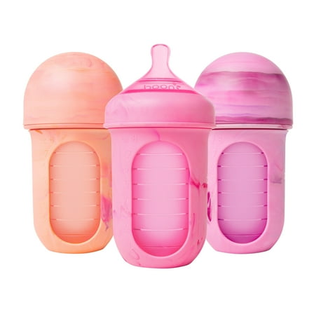 Boon NURSH® Reusable Baby Bottles with Platinum Food-Safe Silicone – Stage 2 Medium Flow – 8oz – Pink Tie Dye (3pk)