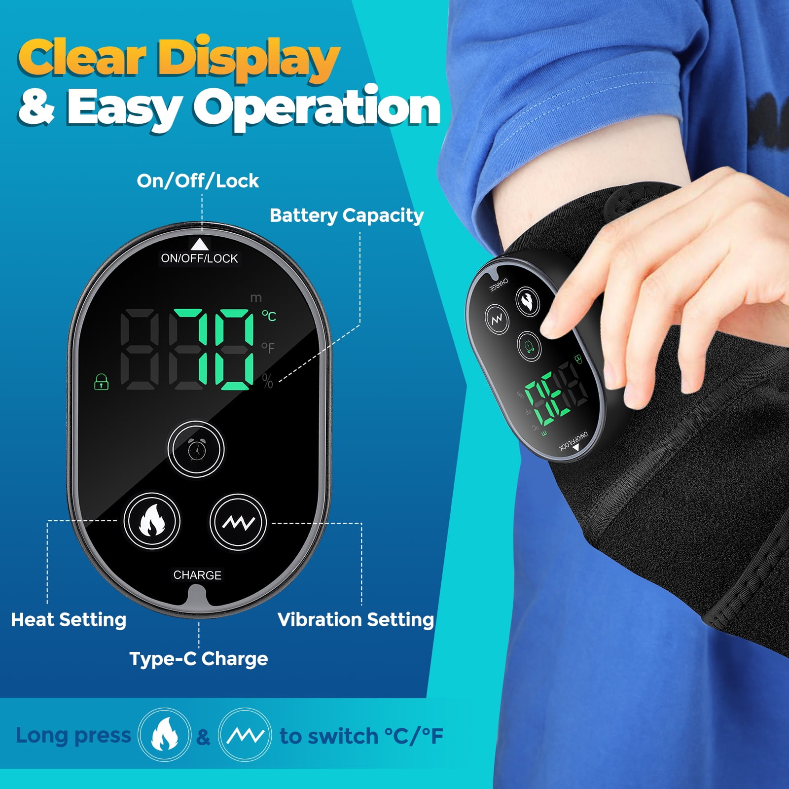 Knee Massager with Heat & Vibration – Heated Knee Brace Cordless, Knee Heating Pad Wrap with 6 Heat + 3 Vibration Modes, Rechargeable Adjustable Strap for Knee Shoulder Elbow, Auto Shut Off 2PCS