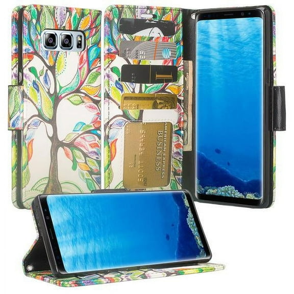 Galaxy Note 8 Case, For Samsung Galaxy Note 8 Wallet Case, Flip Folio [Kickstand] Pu Leather Wallet Case with ID & Card Slots & Pocket   Wrist Strap for Galaxy Note 8 - Colorful Tree