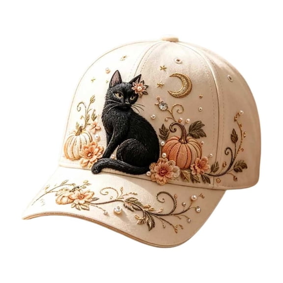 Halloween Baseball Cap,Vintage Crescent Moon Pumpkin Floral Embroidery Hat for Theme Party Office Daily Commute Travel