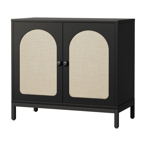 Arched Rattan Buffet Cabinet – Black 2-Door Storage Console with Adjustable Shelf & Metal Legs, Modern Boho Sideboard for Entryway or Dining Room