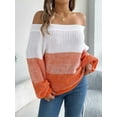 thumbnail image 2 of Women Crochet Knit Casual Color Block Off Shoulder Trendy Sweaters Pullover Lantern Sleeve Warm Tops Orange M, 2 of 8