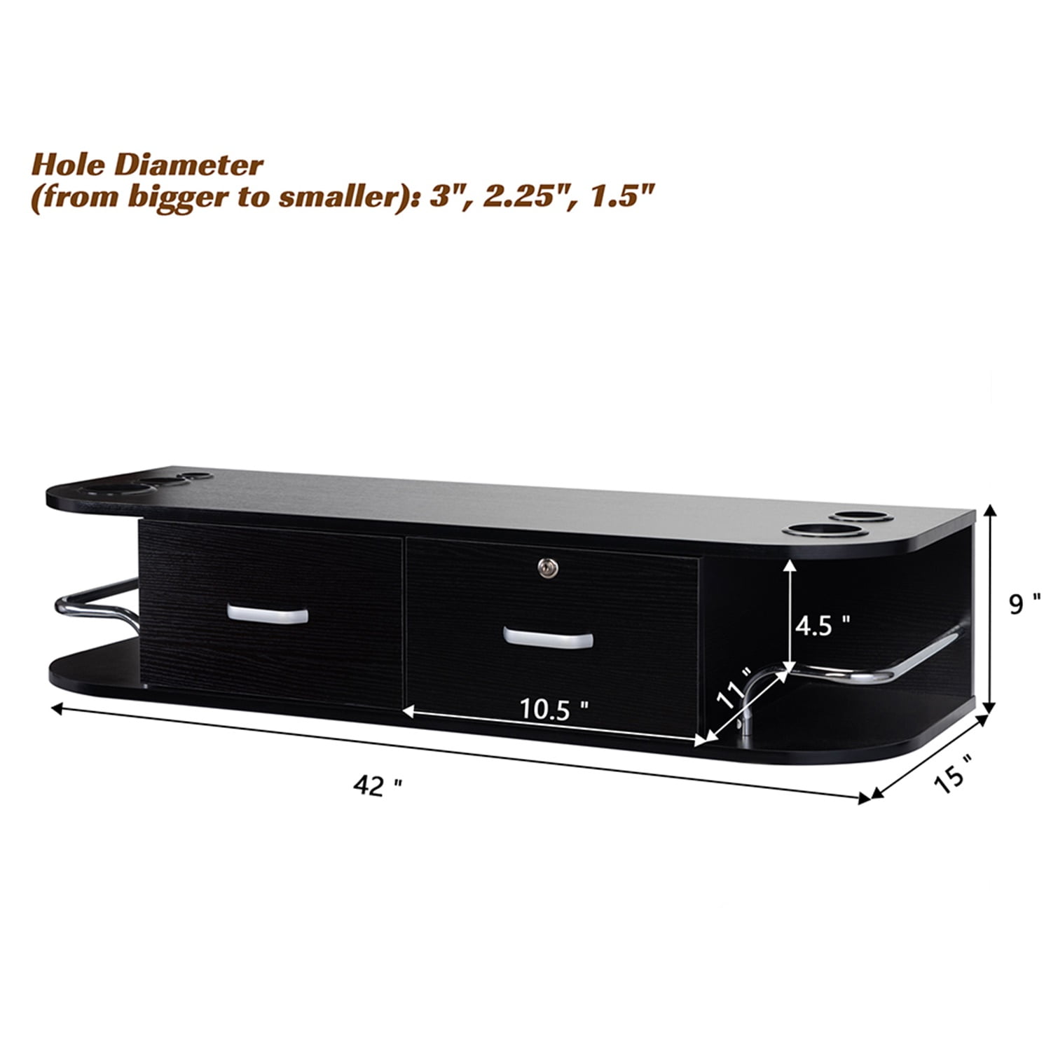 Kadyn Wall Mounted Beauty Salon, Barber Styling Station, Salon Equipment with Locking 2 Drawers, Black