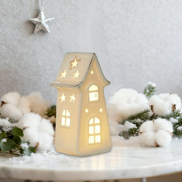 Eoozwa Ceramic Christmas Decor Set Christmas Tree Luminous Deer Snowman Villa Figurines Battery Powered Night Light for Holiday Tabletop Scene