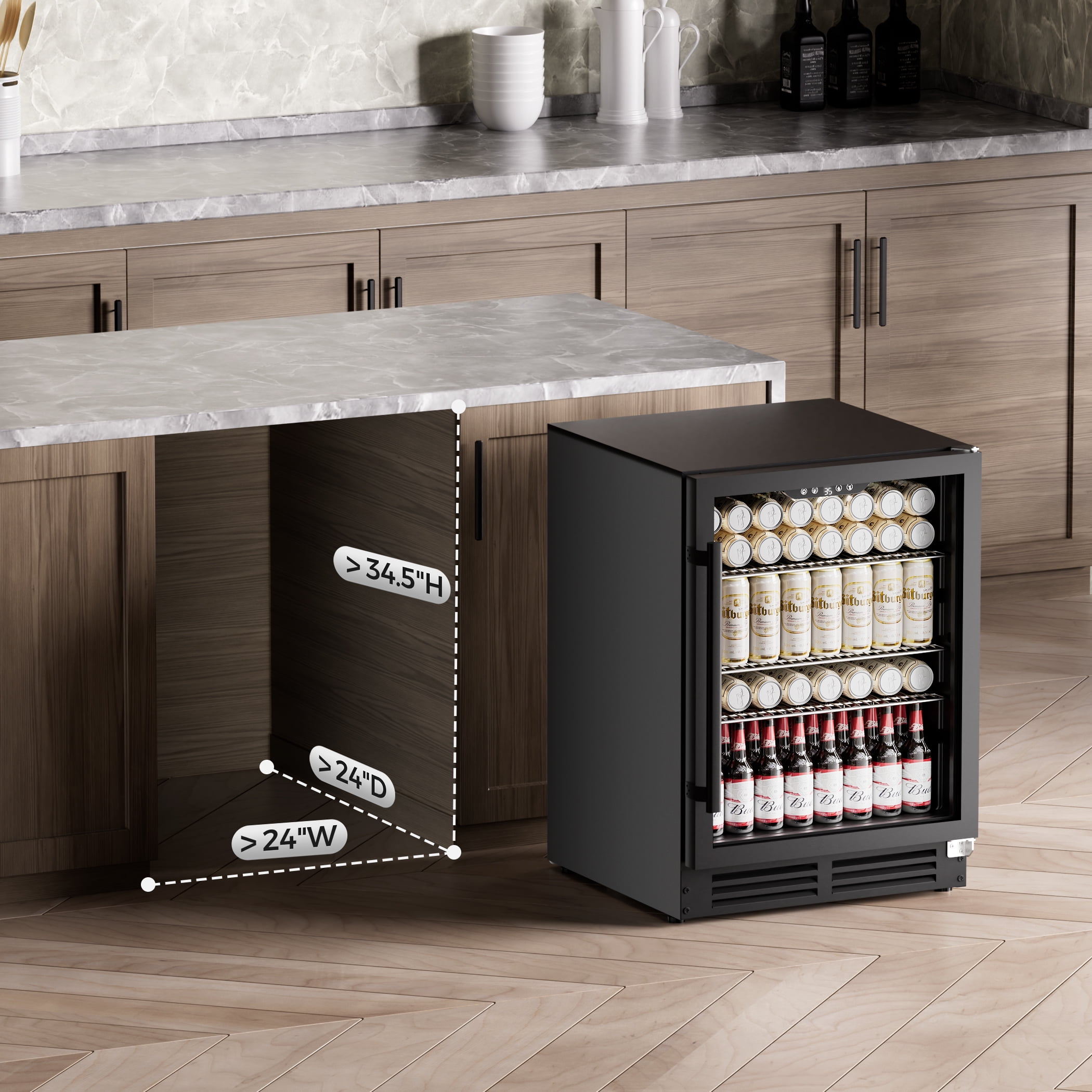 Coolake 24 Inch Wide Under Counter Beverage Refrigerator, 180 Can Capacity Beverage Cooler with Glass Door, Built in or Freestanding, Drink Fridge for Basement, Kitchen, Office