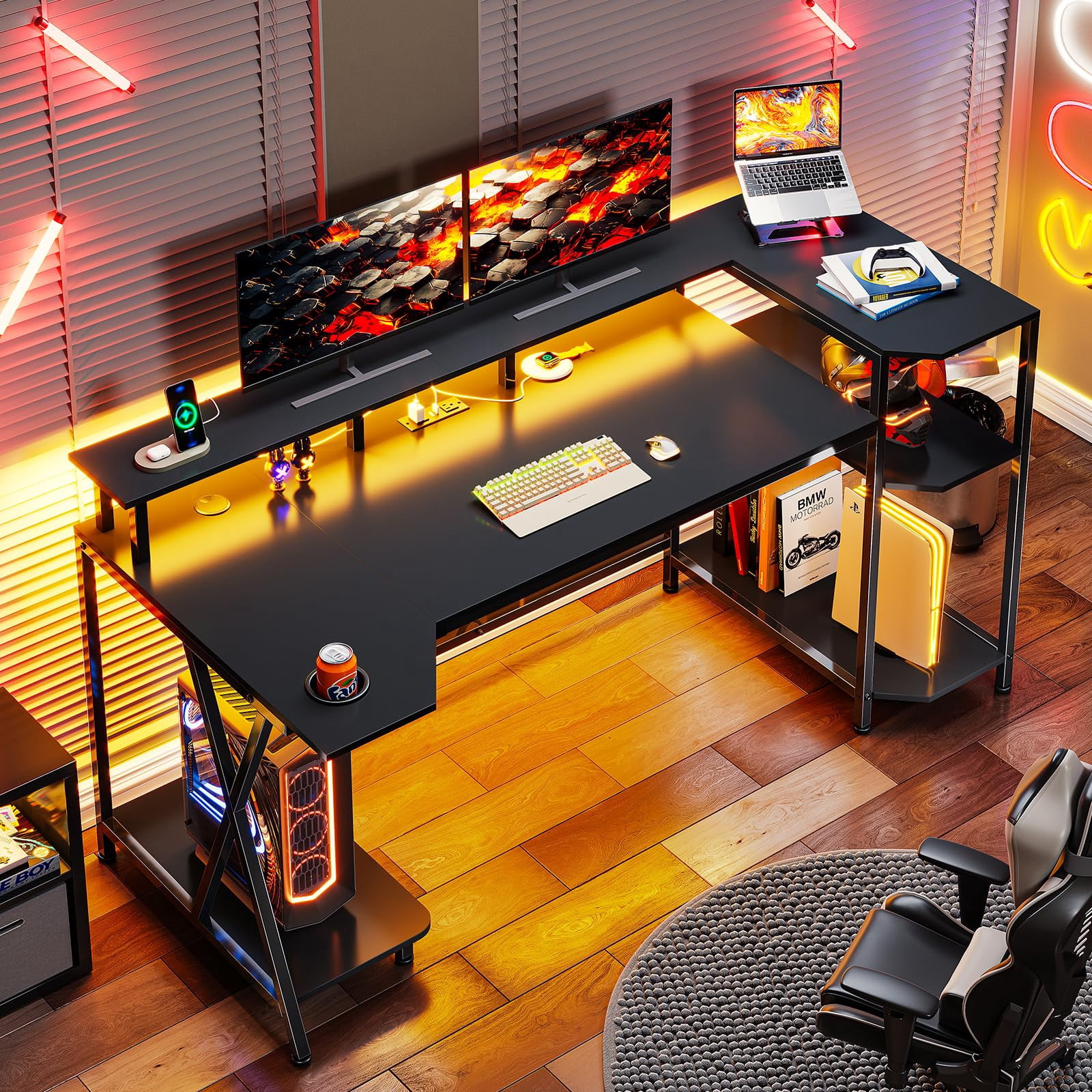 Black 55" Gaming Desk with Monitor Stand, Computer Desk with LED Lights and Storage Shelves, Power Outlets and Cup Holder, Large PC Gaming Table for Bedroom Living Room