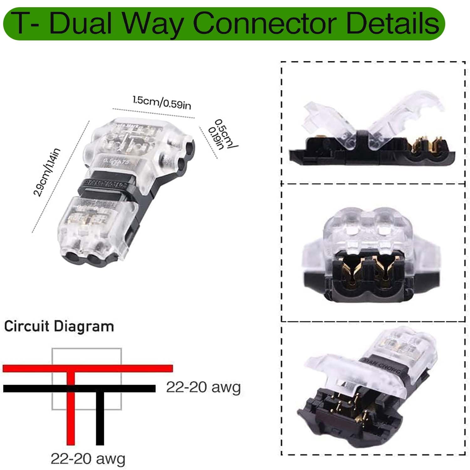 Quanmin 24 Pcs T Pin Wire Connectors, 2 Pin 3 Way Low Voltage Cable Splice, Universal for 20-24AWG Electrical Wiring Quick Connection