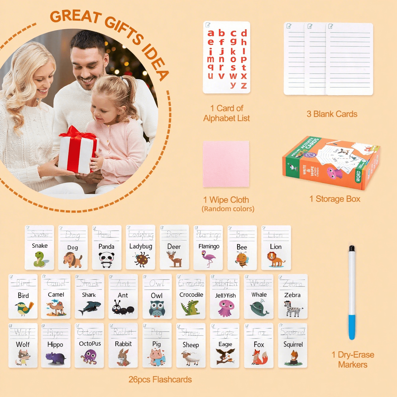 Toddler Flash Card with Alphabet Animal & Math - 30 Write and Wipe Flashcards Letter Cards for Preschool Ages 4-8(Word)