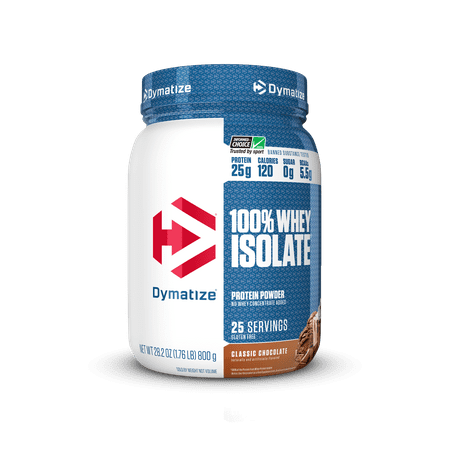 Dymatize 100% Whey Isolate Protein Powders, Classic Chocolate, 25g Protein, 28.2 Oz