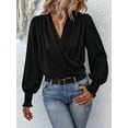 thumbnail image 3 of Women'S Elegant V-Neck with Lantern Sleeves Temperament Commuting Solid Color Shirt Top Black XL, 3 of 7