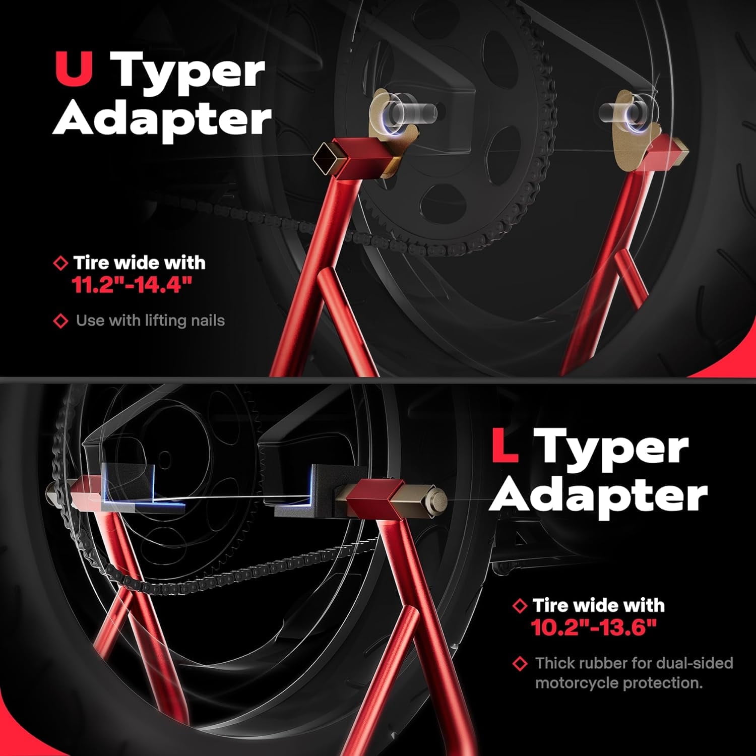 SPECSTAR Motorcycle Rear Wheel Stand,441 Lbs Capacity Heavy Duty Rear Lift Stand with U+L Adjustable Swingarm Spool, For Most Suzuki Yamaha Honda Kawasaki Motorcycles, Red