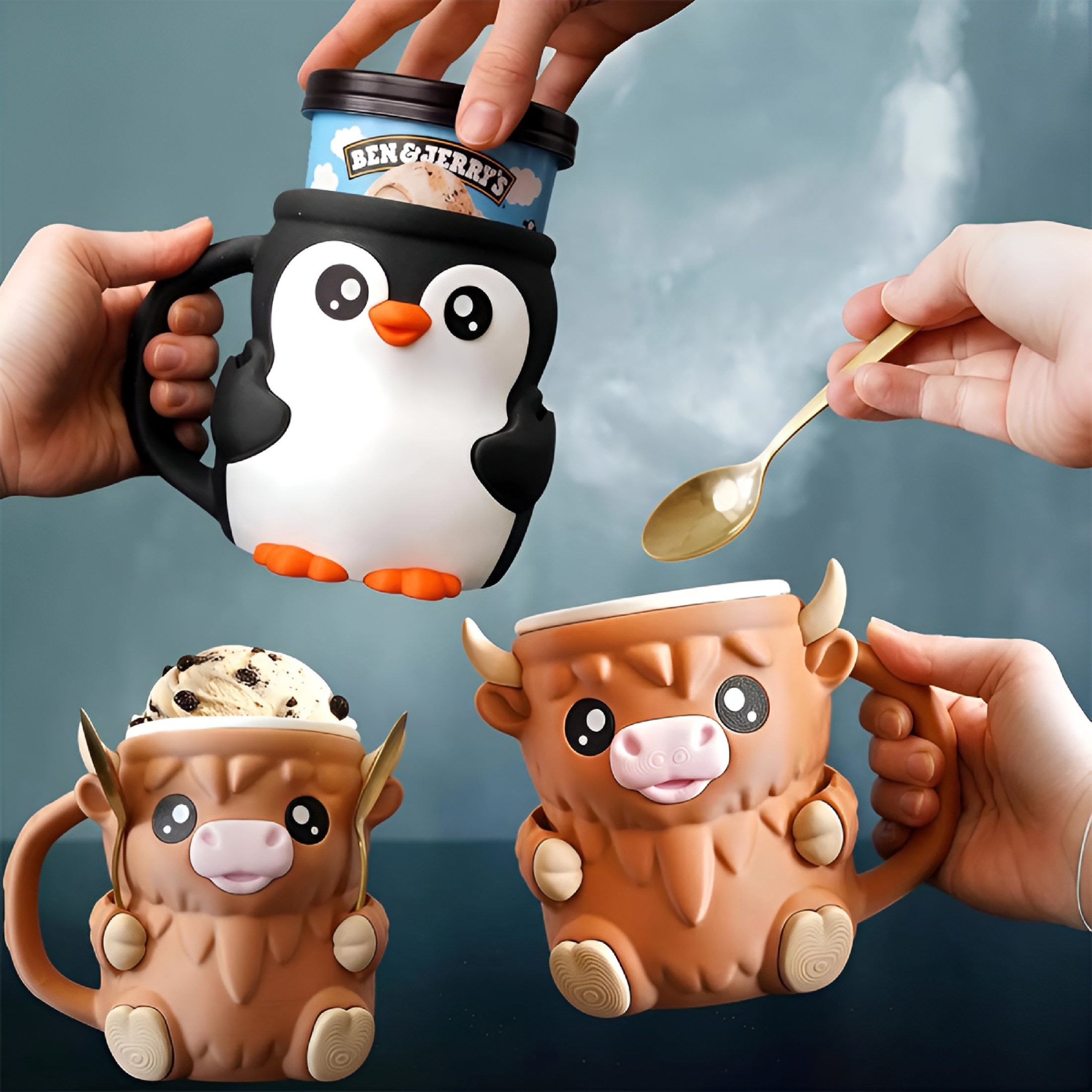 ACDANC 2026 New Highland Cow Ice Pint Holder，Ice Cream Pint Sleeves Cover，Cute Animal Ices Creams Cooler Container Leak Proof Popsicle Cozy Beer Can Cup，Highland Cow Lover Gifts，Gift for Cream Lovers