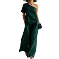 thumbnail image 3 of Women's 2 Piece Outfit One Shoulder Top and High Waist Wide Leg Pants Set, Textured Washed Crinkle Lounge Set, Casual Boho Flowy Matching Set for Summer Dark Green S, 3 of 6