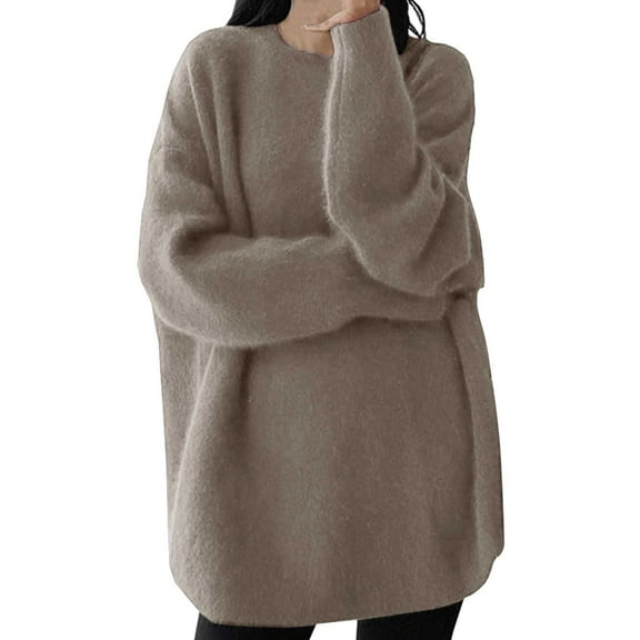 RMGVDSD Womens Oversized Sweaters Solid Color Pullover Round Neck Sweater Loose Long Sleeve Gentle Casual Knitted Top Casual Lightweight Sweater Tops /Grey