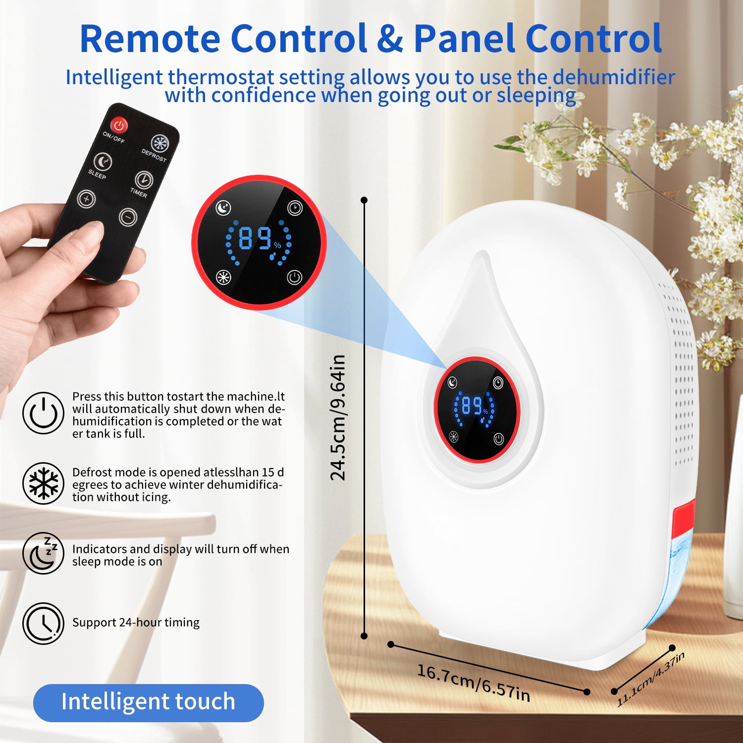 2-Pint Dehumidifier for Room Home with Drain Hose,HopePow Remote Control 24Hrs Timing Humidity Display 1,000 Sq. ft Coverage Area Energy Saving Efficiency Dehumidifier for Bedroom,Small Room,Home,Red